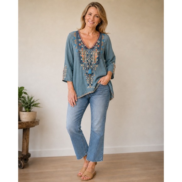 Johnny Was Tops - Johnny Was Blue Embroidered Silk Blend Tunic Blouse V-Neck Boho Top Size 3 NEW